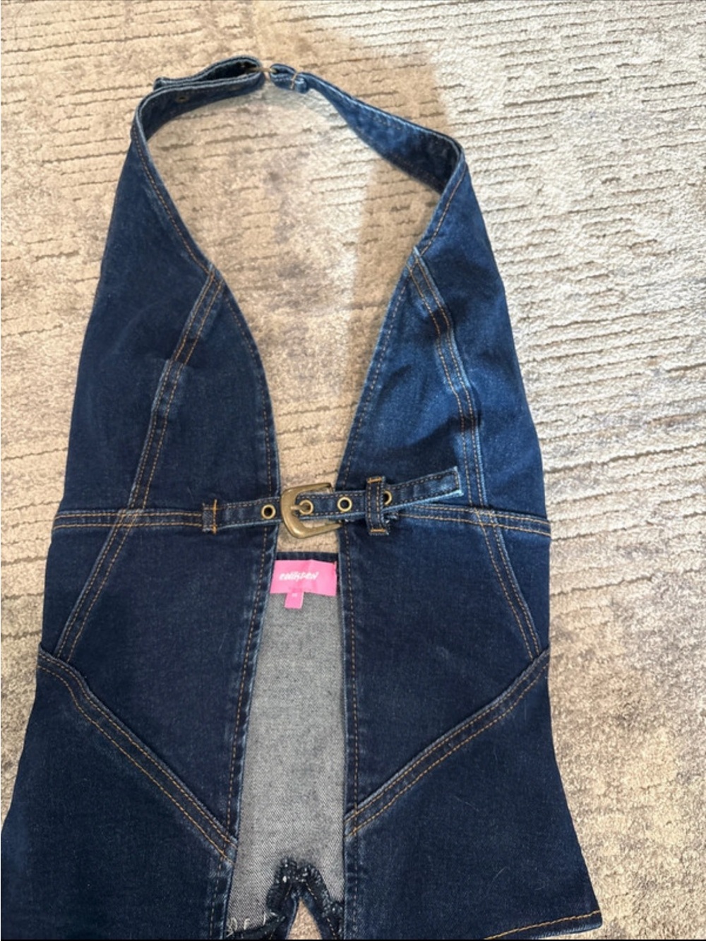 Edikted Dark Blue Denim Halter Top with Front Buckle